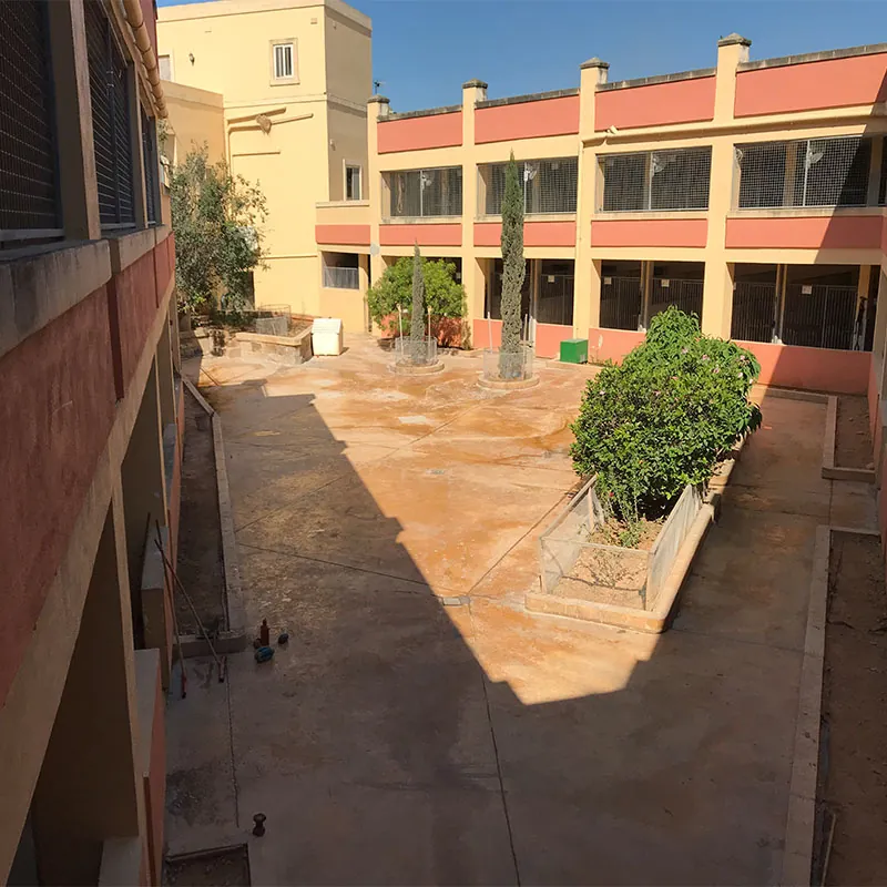The kennel block around a sunny courtyard.